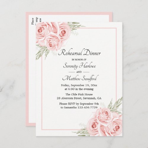 Rose Watercolor Blush Pink Floral Rehearsal Dinner Invitation Postcard