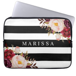Rose Watercolor Floral Black White Stripe Custom Laptop Sleeve