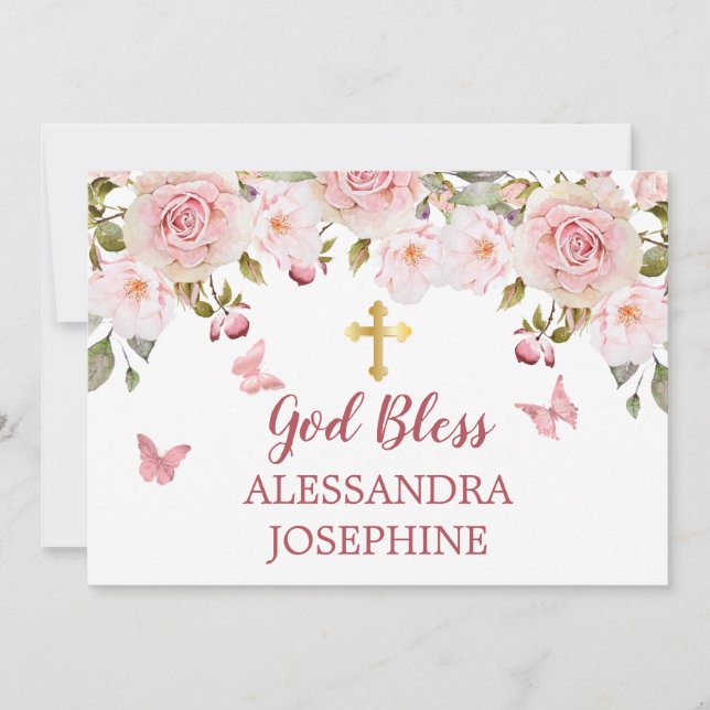 Rose Watercolor Floral Butterflies and Cross Name Invitation (Front)