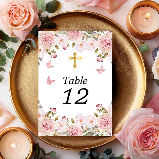 Rose Watercolor Floral Butterflies and Cross Table Number (Pink Rose Floral and Gold Tone Trinity Cross Table Number Cards)
