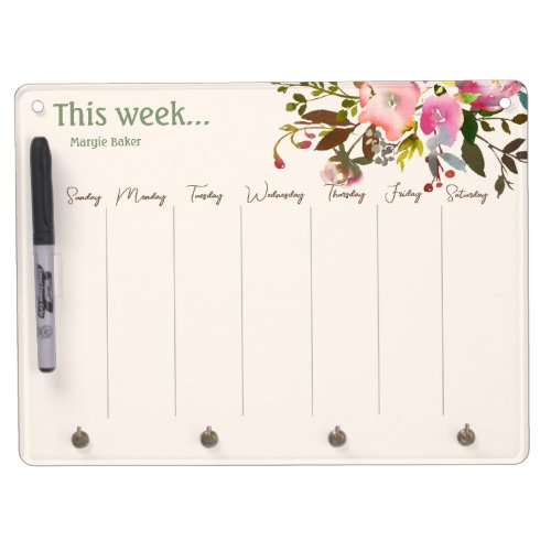 Rose Watercolor Floral Weekly Calendar Dry Erase Board With Keychain Holder