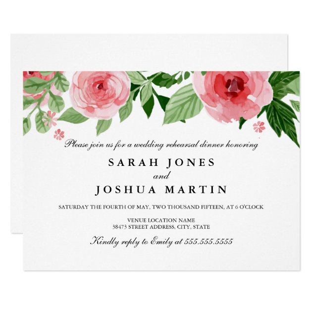 Rose Watercolor Flowers Rehearsal Dinner Invite