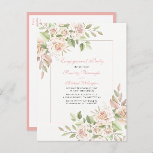 Rose Watercolor  Pink Floral Engagement Party Invitation Postcard