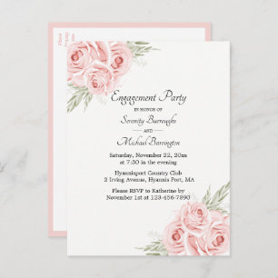 Rose Watercolor Pink Floral Engagement Party Invitation Postcard