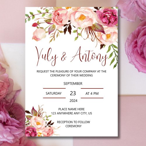 Rose Watercolor Template Modern Wedding Invitation