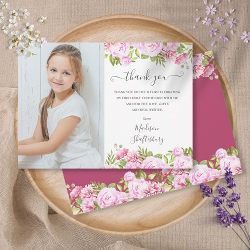 Rose Watercolour First Holy Communion Photo Thank You Card