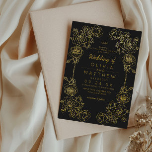 Rose Wedding Black Gold Classic Floral Wedding Foil Invitation