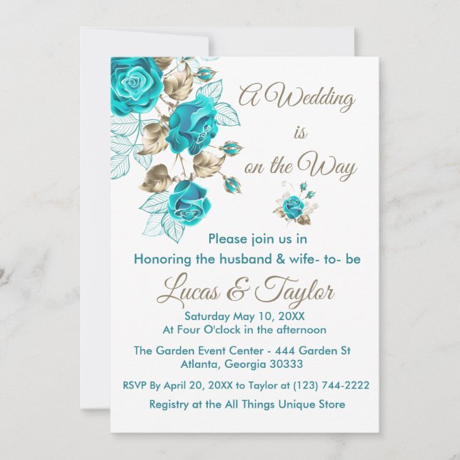 Rose Wedding Invitations with Turquoise & Gold (Front)