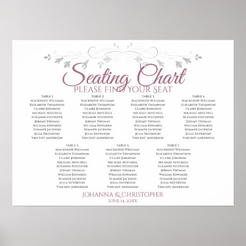 Rose  White Elegant 7 Table Wedding Seating Chart