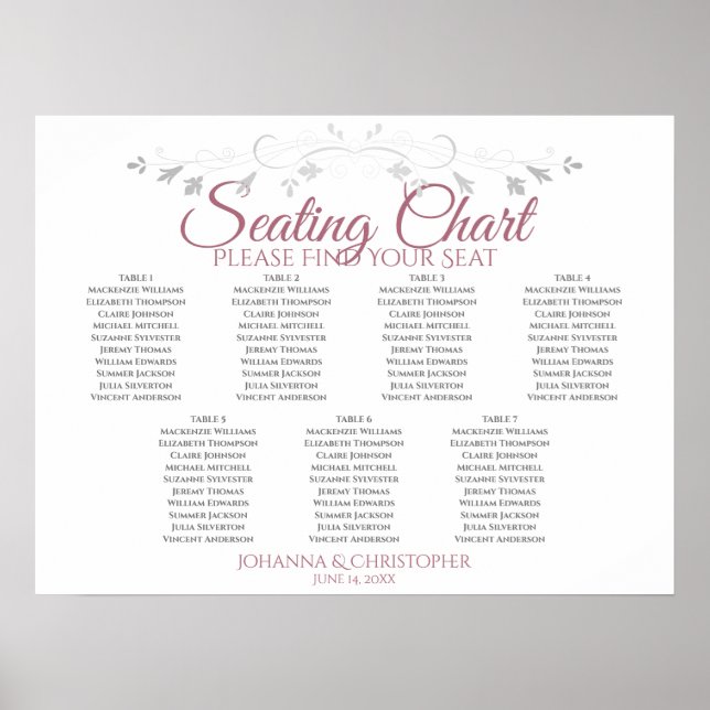 Rose & White Elegant 7 Table Wedding Seating Chart (Front)