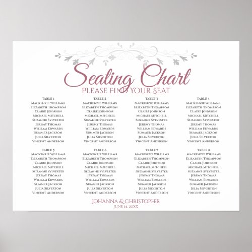 Rose  White Elegant 8 Table Wedding Seating Chart