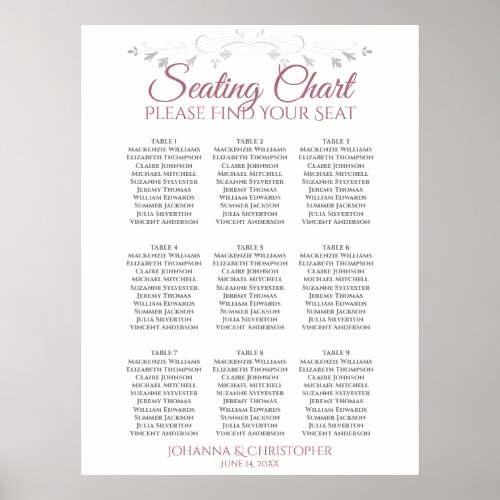 Rose  White Elegant 9 Table Wedding Seating Chart