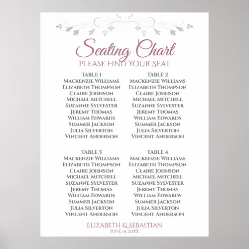 Rose  White Simple 4 Table Wedding Seating Chart