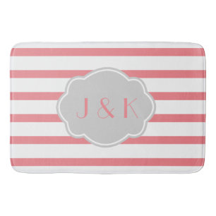 Rose/White Stripes w Gray, add initials Bathroom Mat