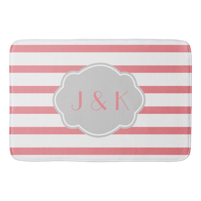 Rose/White Stripes w Gray, add initials Bathroom Mat (Front)