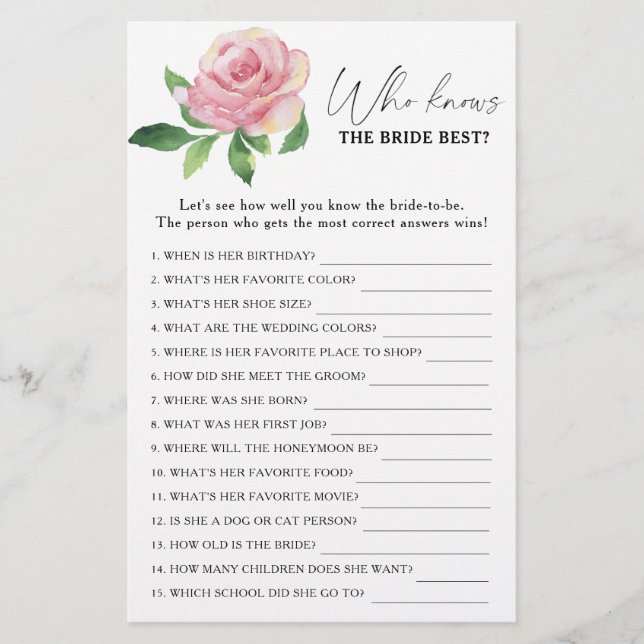 Rose - Who knows the bride best game (Front)