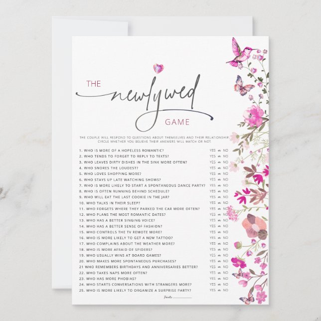 Rose Wildflower Newlywed Bridal Shower Game (Front)