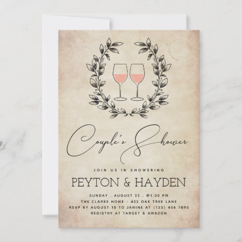 Ros Wine  Laurel Wreath Vintage Couples Shower Invitation