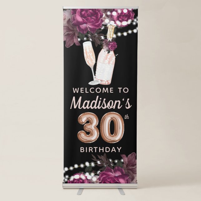 Rose Wine Luxury 30th Birthday Personalized Retractable Banner (Front)
