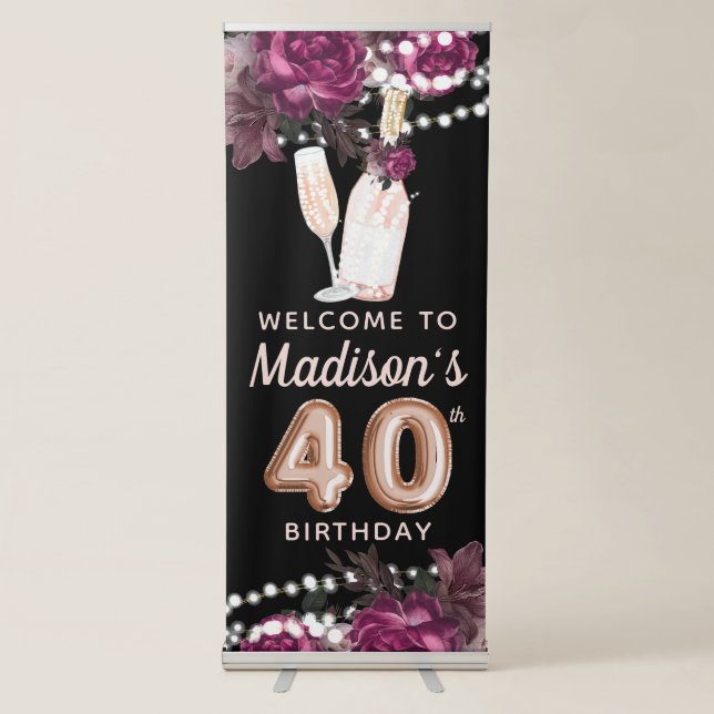 Rose Wine Luxury 40th Birthday Personalized Retractable Banner (Front)