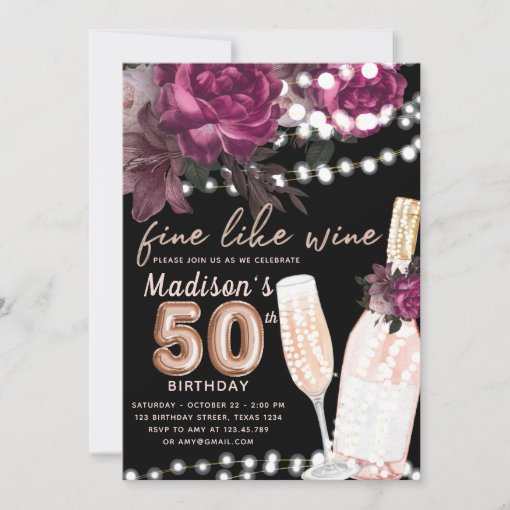 Rose Wine Luxury 50th Birthday Invitation | Zazzle