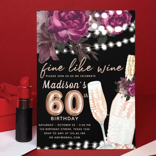 Rose Wine Luxury 60th Birthday  Invitation