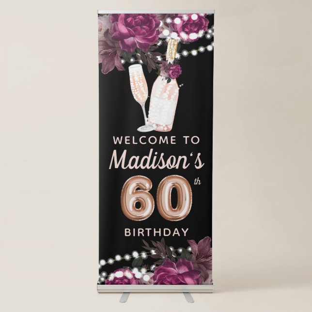 Rose Wine Luxury 60th Birthday Personalized Retractable Banner (Front)