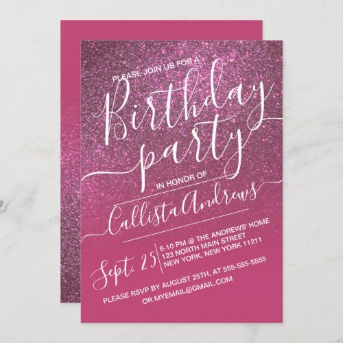 Rose Wine Pink Faux Sparkly Glitter Ombre Birthday Invitation