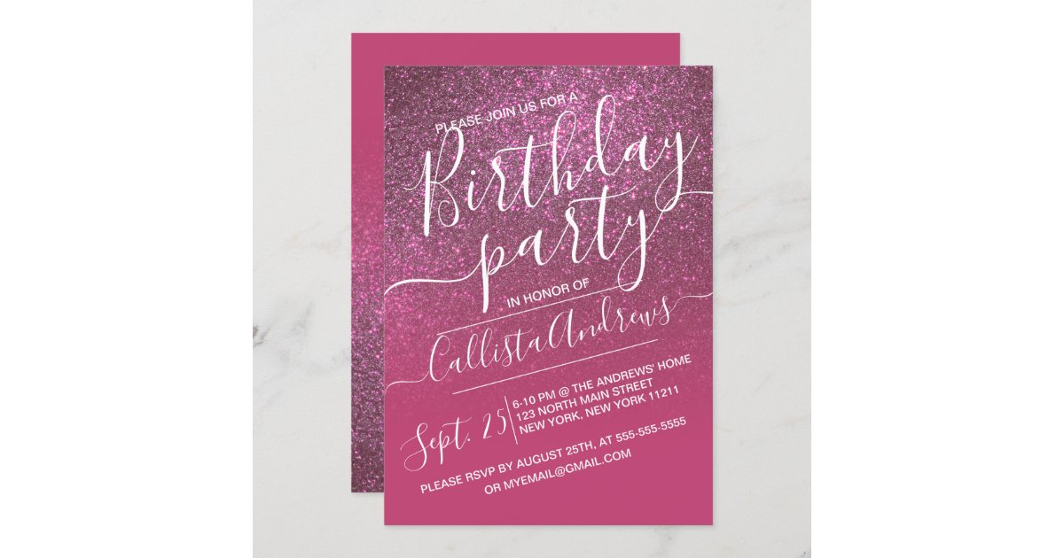 Rose Wine Pink Faux Sparkly Glitter Ombre Birthday Invitation | Zazzle