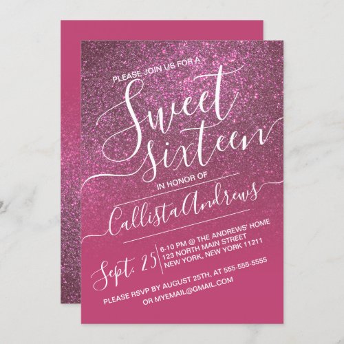 Rose Wine Pink Faux Sparkly Glitter Ombre Sweet 16 Invitation