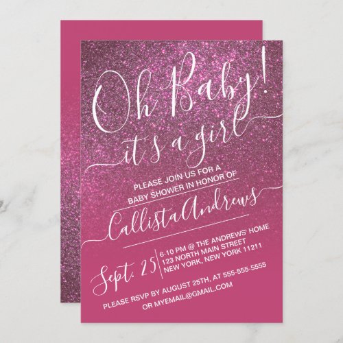 Rose Wine Pink Sparkly Glitter Ombre Baby Shower Invitation