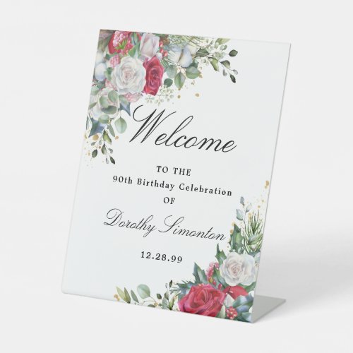 Rose Winter Greenery 90th Birthday Welcome Pedestal Sign