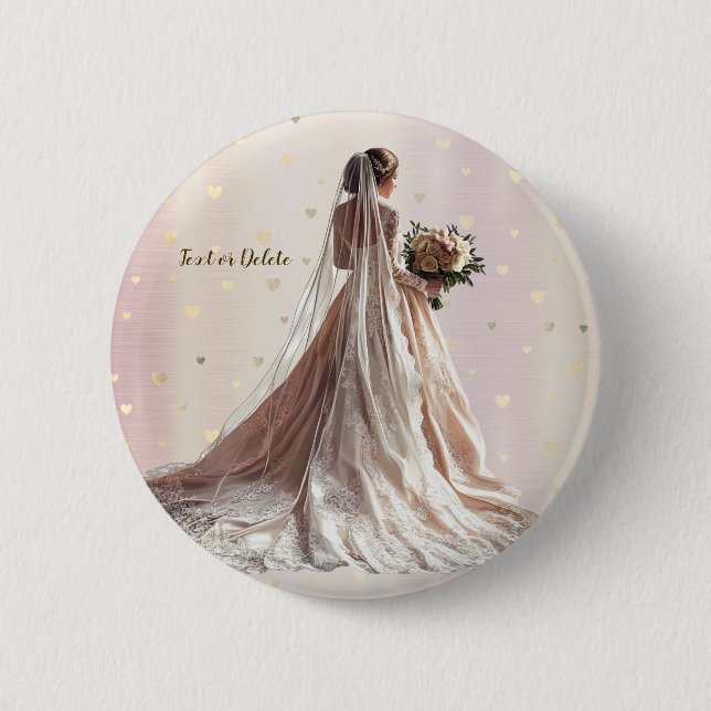 Rose Winter Wedding Bride Golden Shiny Heart Party Button (Front)