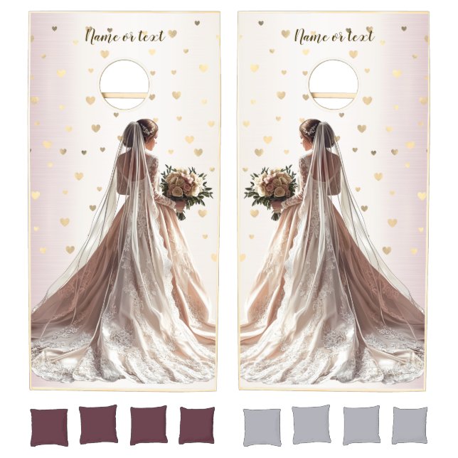 Rose Winter Wedding Bride Golden Shiny Heart Party Cornhole Set (Set)