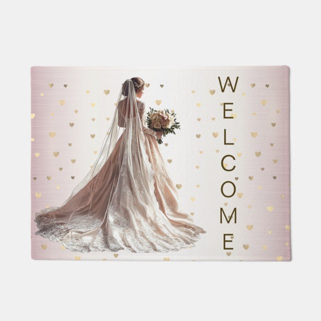 Rose Winter Wedding Bride Golden Shiny Heart Party Doormat (Front)