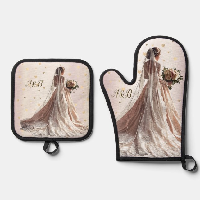 Rose Winter Wedding Bride Golden Shiny Heart Party Oven Mitt & Pot Holder Set (Front)