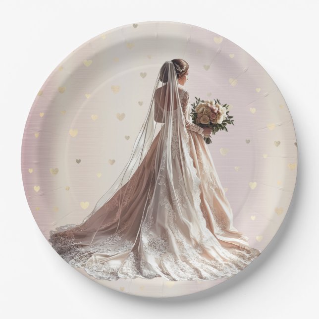 Rose Winter Wedding Bride Golden Shiny Heart Party Paper Plates (Front)