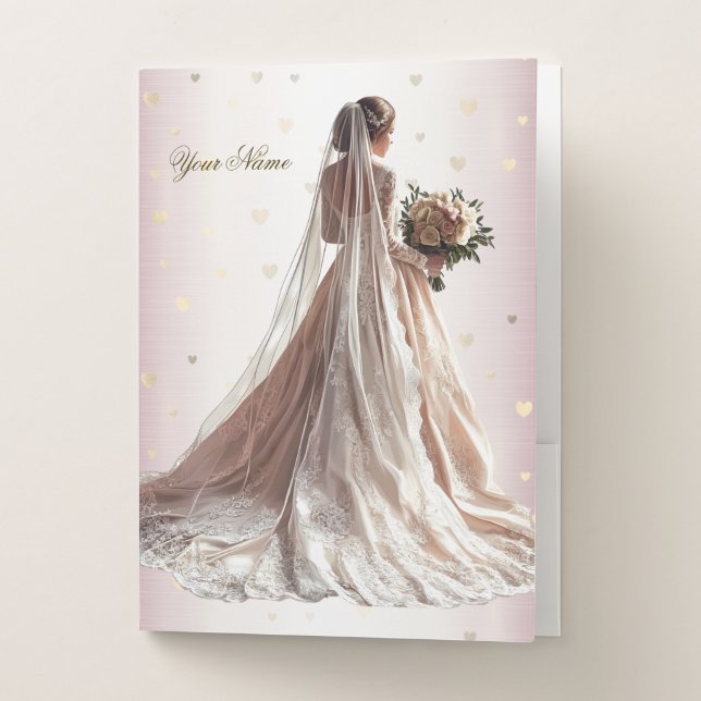 Rose Winter Wedding Bride Golden Shiny Heart Party Pocket Folder (Front)