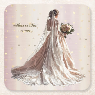 Rose Winter Wedding Bride Golden Shiny Heart Party Square Paper Coaster