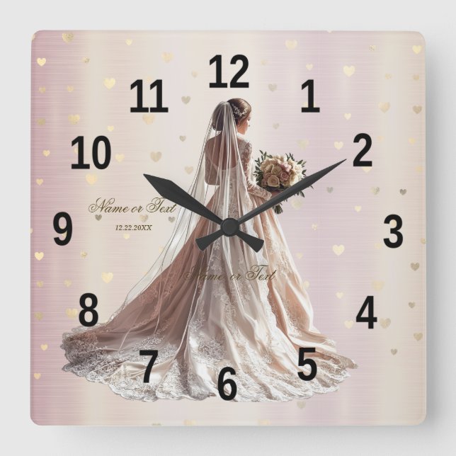Rose Winter Wedding Bride Golden Shiny Heart Party Square Wall Clock (Front)