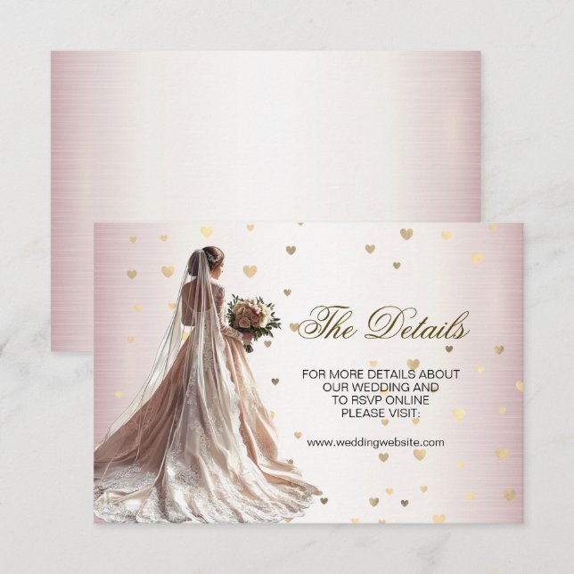 Rose Winter Wedding Bride Golden Shiny Hearts Enclosure Card (Front/Back)