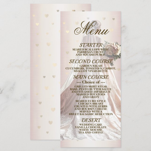 Rose Winter Wedding Bride Golden Shiny Hearts Menu (Front/Back)