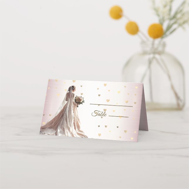 Rose Winter Wedding Bride Golden Shiny Hearts Place Card (Front)