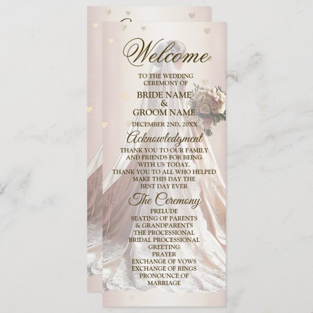 Rose Winter Wedding Bride Golden Shiny Hearts Program (Front/Back)