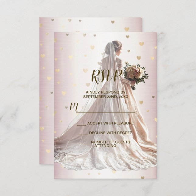 Rose Winter Wedding Bride Golden Shiny Hearts RSVP Card (Front/Back)