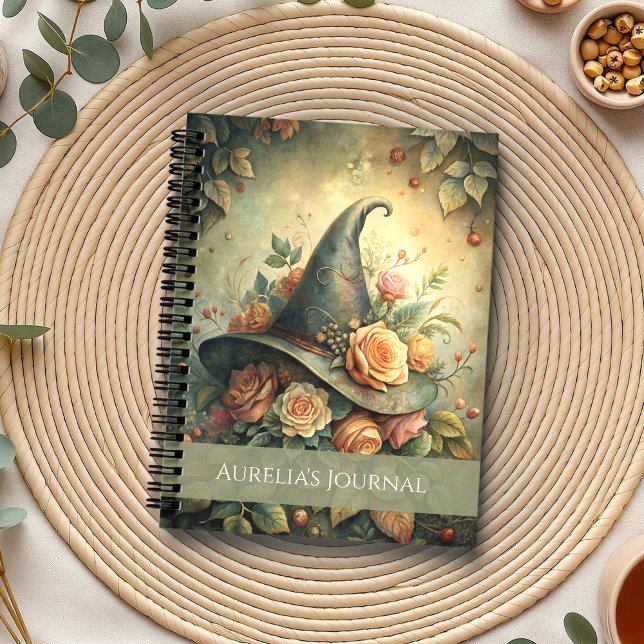 Rose Witch Hat – Notebook for Magical Thoughts (Rose Witch Hat – Notebook for Magical Thoughts on a boho table with botanicals and a cup of tea)
