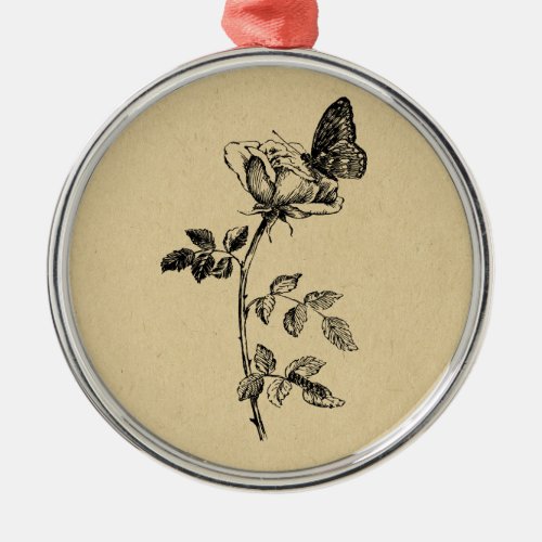 Rose with Butterfly Vintage Art Metal Ornament