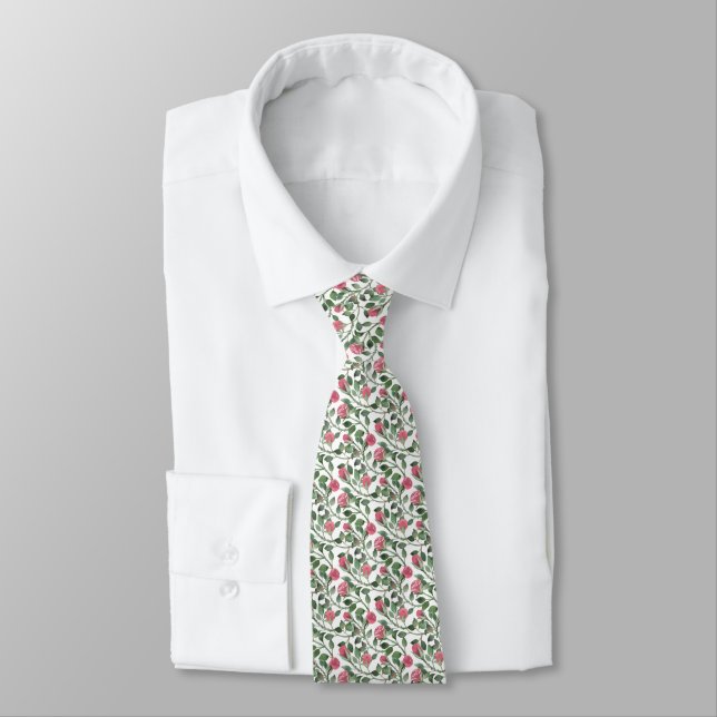 Rose with Thorns Elegant Pink Floral Pattern Neck Tie (Tied)