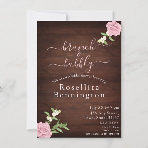Rose Wood Brunch and Bubbly Bridal Shower  Invitation