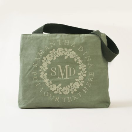 Rose Wreath And Monogram Curved Text Floral Canvas Tote
